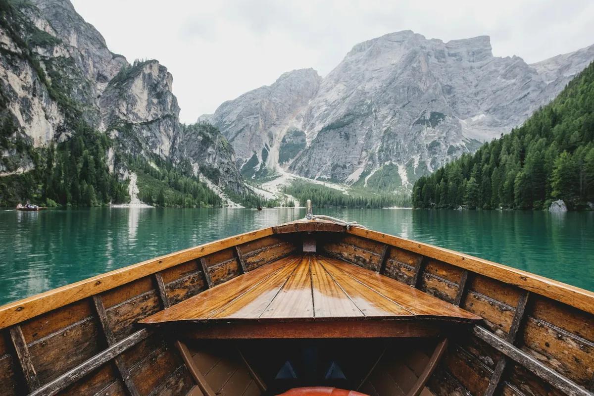 Lakeside village surrounded by the mountains of Europe