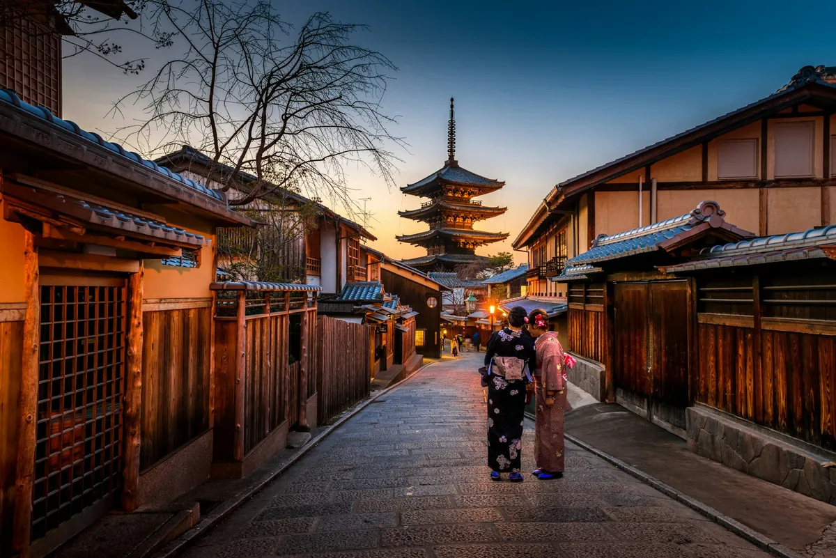 Traditional Japanese architecture and cherry blossoms